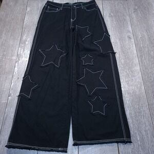 Hot Topic Jeans Women 13 Black Star Patch Contrast Stitch Wide Leg Baggy Y2K